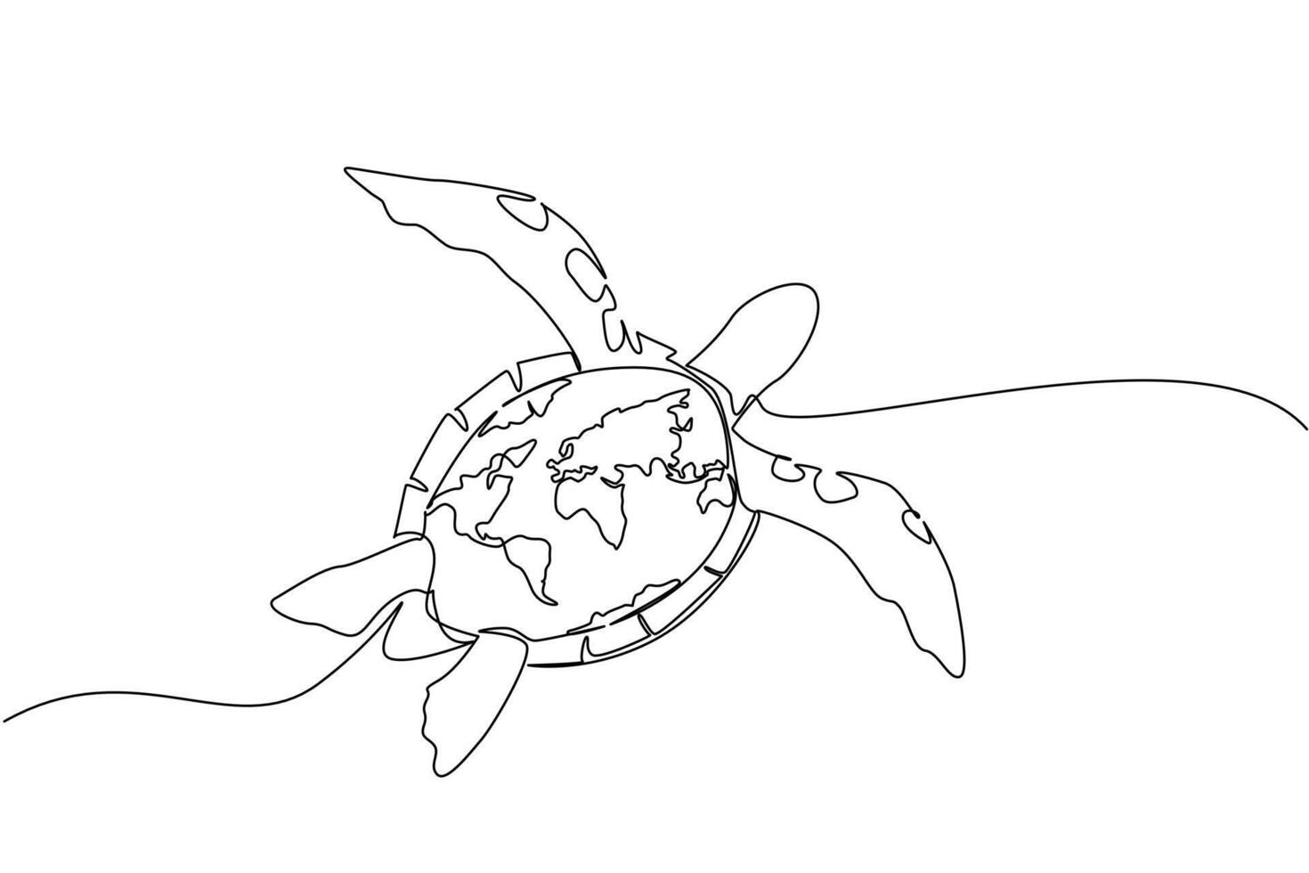 Single continuous line drawing turtle swimming with a world map on its belly. Symbolism of the decreasing number of turtles in the world. Adrift. World Turtle Day. One line illustration vector
