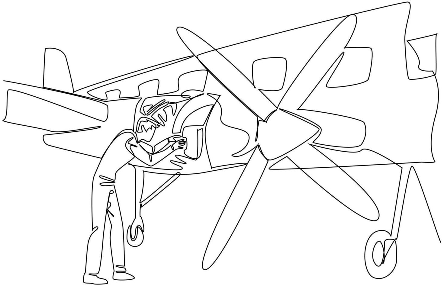 Continuous one line drawing aircraft technician dismantles aircraft propeller engine. Regular maintenance before flying Aviation Maintenance Technician Day. Single line draw design vector