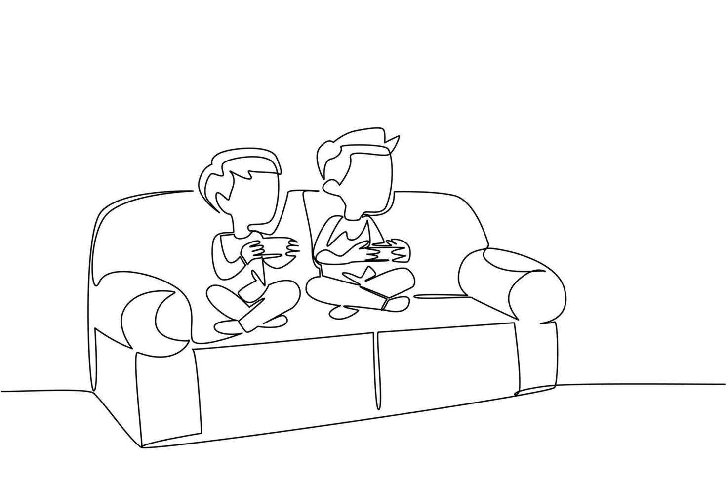 Continuous one line drawing two brothers boys sitting on the sofa and holding game joysticks. Have the same hobby. Playing console games. Day of Brother. Single line draw illustration vector
