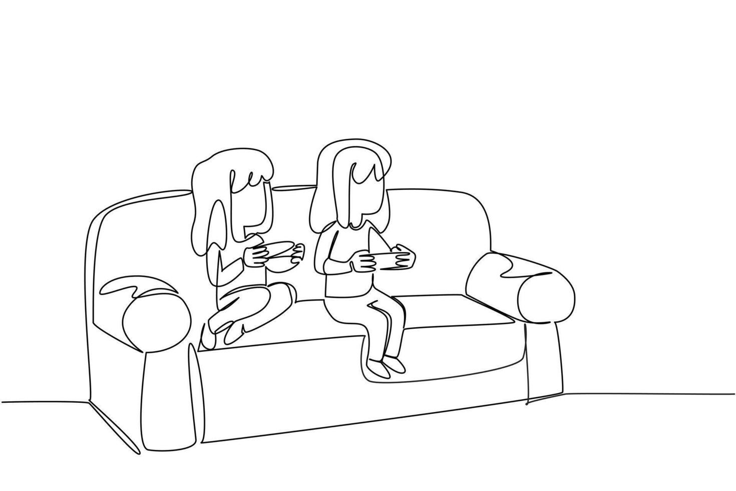 Single continuous line drawing two sisters sitting on the sofa and holding game joystick. Competing in the world of console gaming. Happy holidays. Day of Brother. One line illustration vector