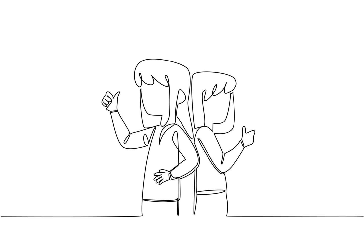 Single one line drawing two sisters turn their backs to each other and make a thumbs up gesture. Pose like a famous model. Support. Fun. Day of Brother. Continuous line design illustration vector
