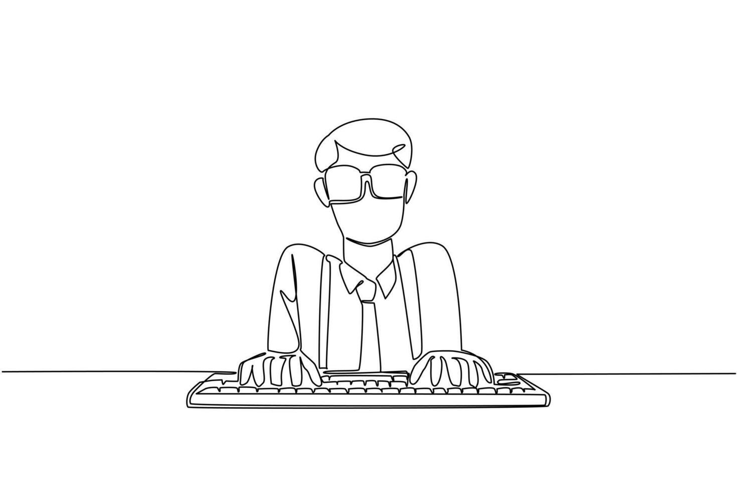 Single one line drawing man wear long sleeved shirt with suspender typing on computer keyboard. The most maniac about computer technology. Geek Pride Day. Continuous line design illustration vector