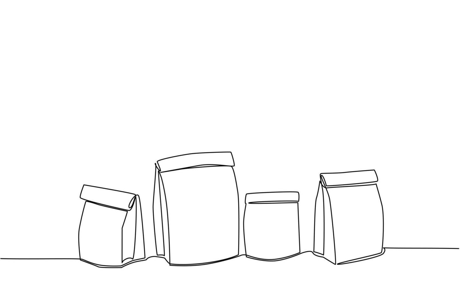 Single one line drawing several brown paper bags in various sizes. Various sizes for various types. Eco friendly. Recycle. Reuse. National Brown Bag It Day. Continuous line design illustration vector