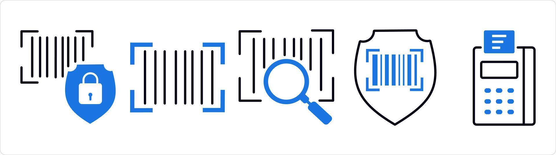 A set of 5 business icon as bar security safety, bar code, search bar code in blue line color vector