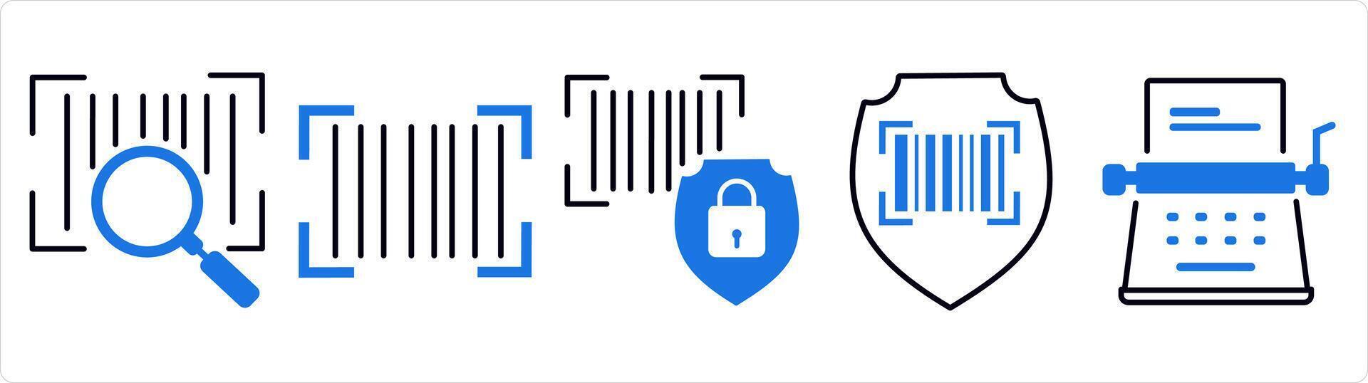 A set of 5 business icon as search bar code, bar code, bar security safety in blue line color vector