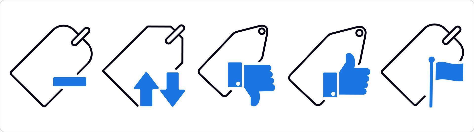 A set of 5 business icons as remove tag, synchronize tag, approved tag in blue line color vector