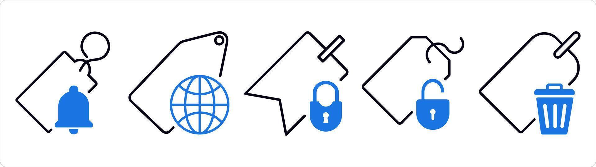 A set of 5 business icons as tag notification, global tag, tag security in blue line color vector