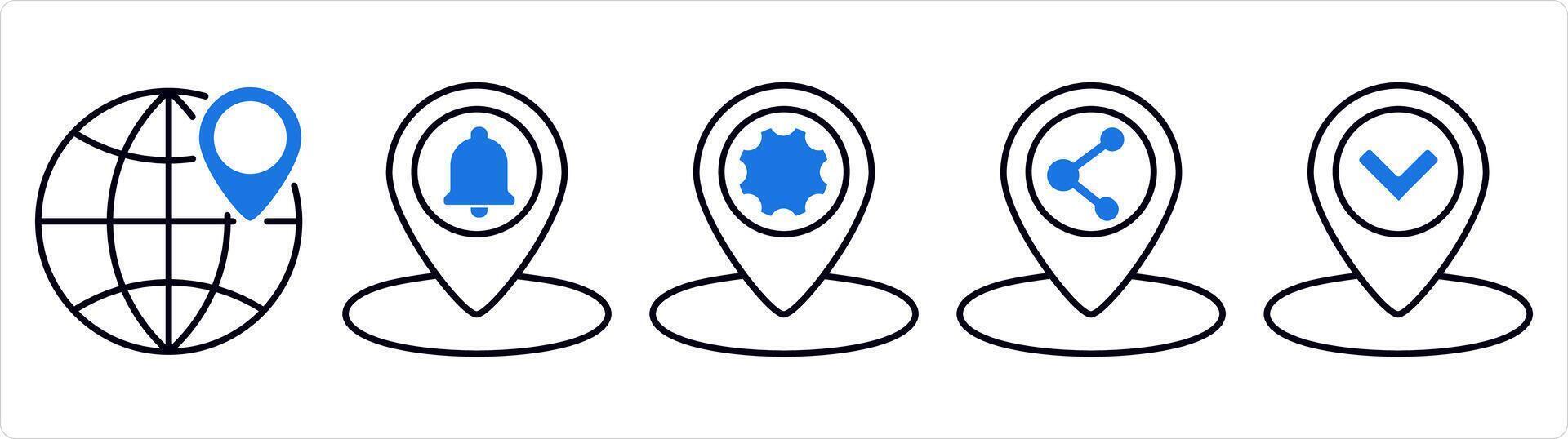 A set of 5 business icons as global location, location notification, location setting in blue line color vector