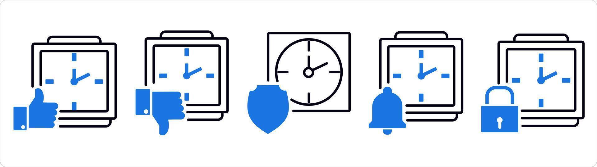 A set of 5 business icons as dislike time, like time, time security in blue line color vector