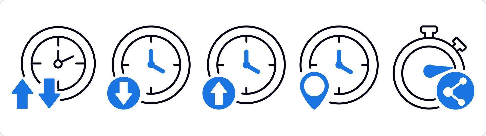 A set of 5 business icons as synchronize time, up time, down time in blue line color vector