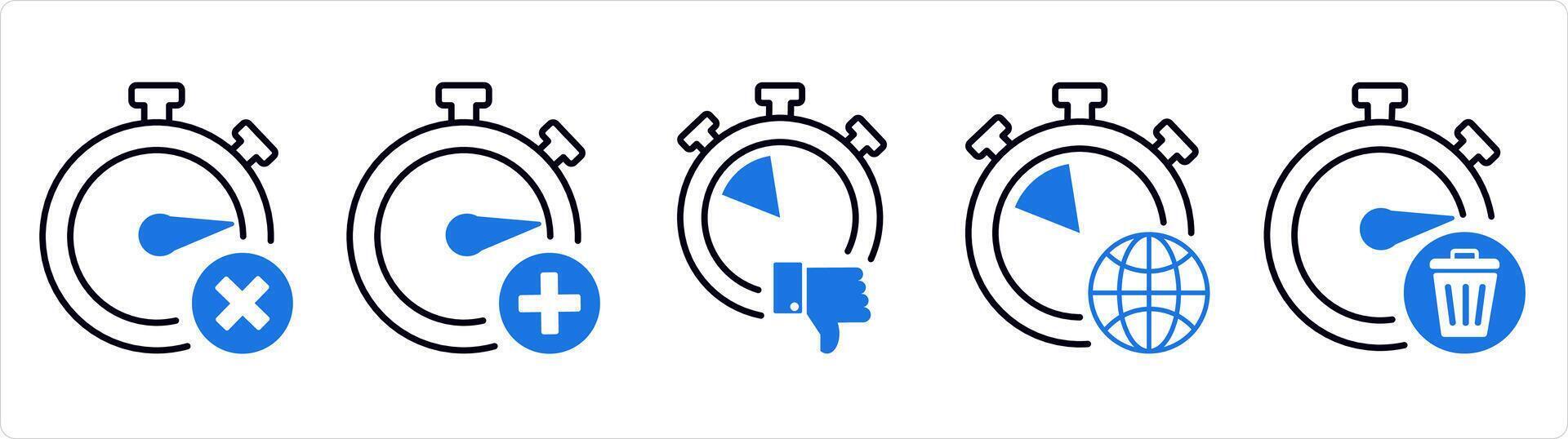 A set of 5 business icons as wrong time, add time, like time in blue line color vector