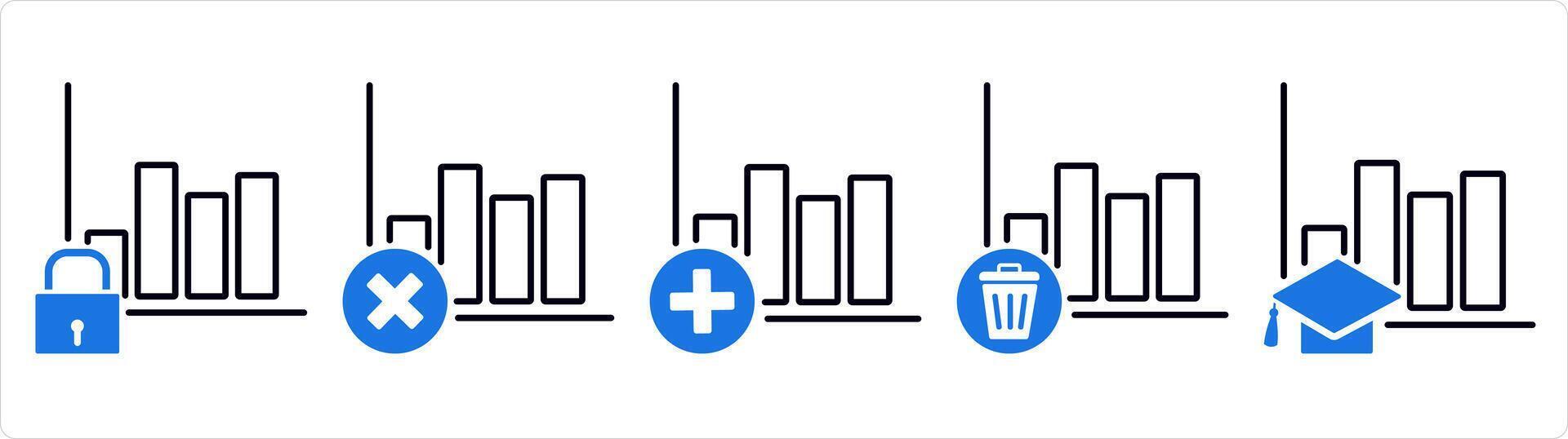 A set of 5 business icons as wrong growth, add graph in blue line color vector