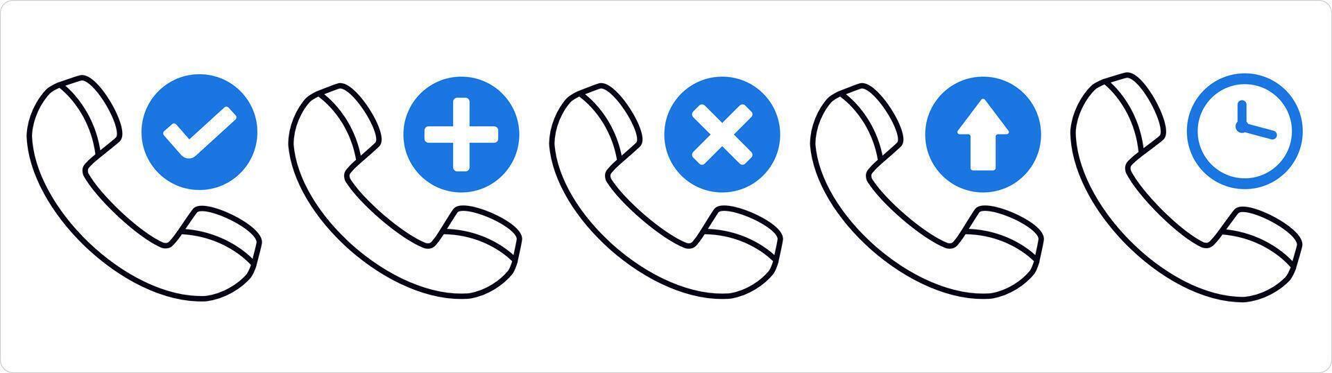 A set of 5 contact icons as right call, add call, remove call in blue line color vector