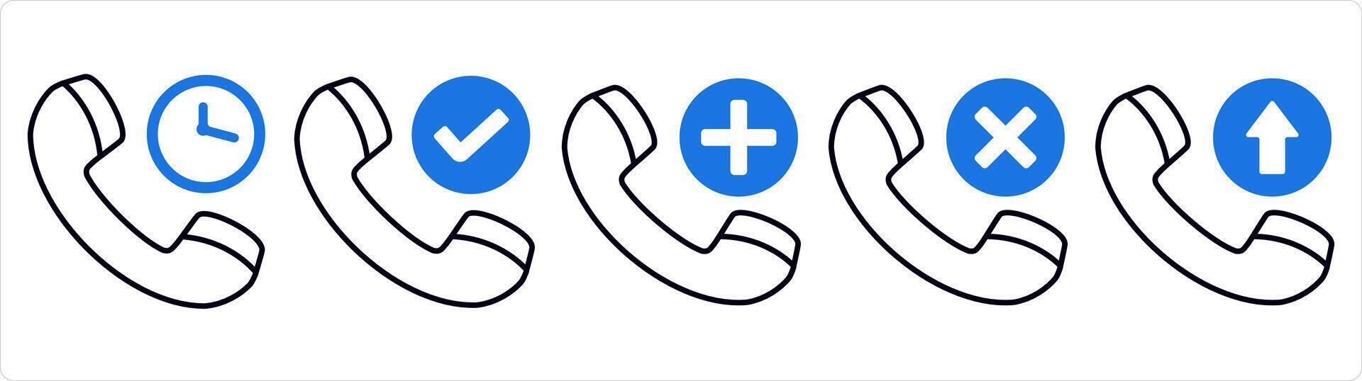 A set of 5 contact icons as call time, right call, add call in blue line color vector