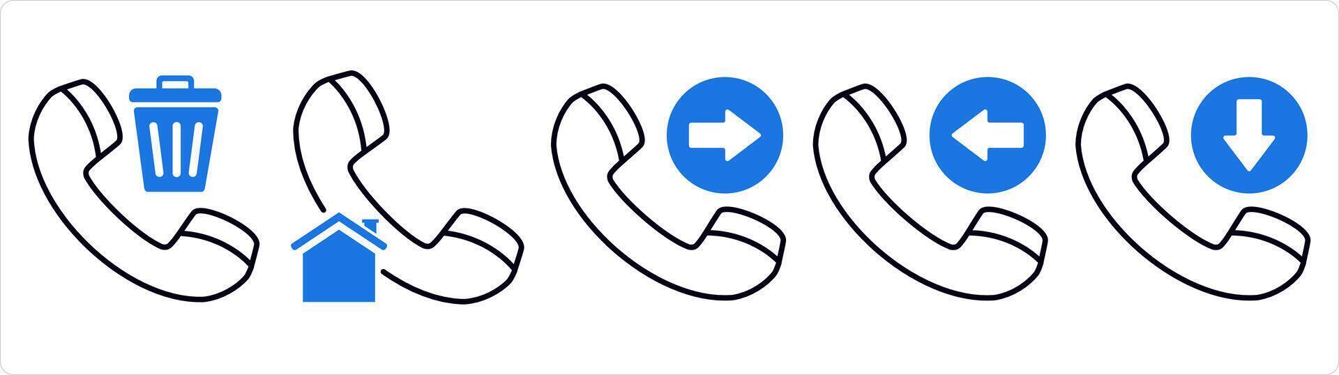A set of 5 contact icons as delete call, home call, send call in blue line color vector