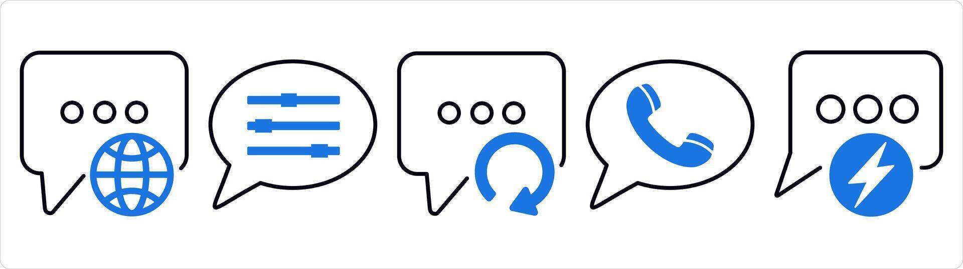 A set of 5 contact icons as international message, message settings, refresh message in blue line color vector