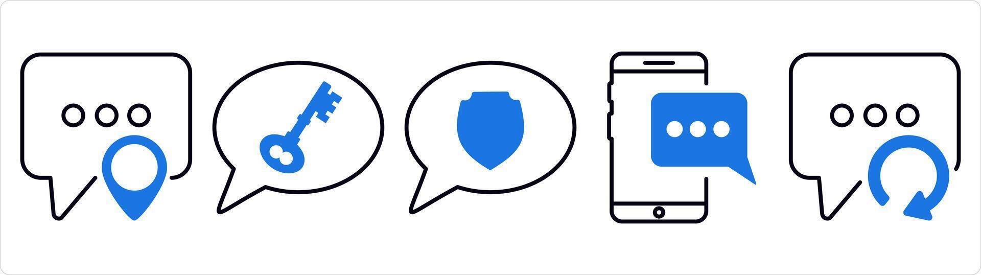 A set of 5 contact icons as message location, message security, mobile message in blue line color vector
