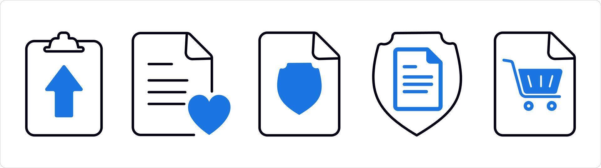 A set of 5 document icons as upload page, favorite page, document security in blue line color vector