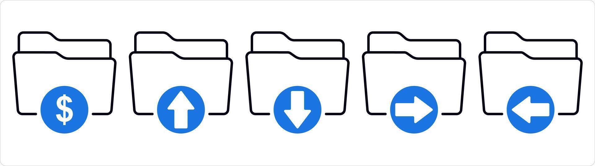 A set of 5 document icons as finance folder, upload folder, download folder in blue line color vector