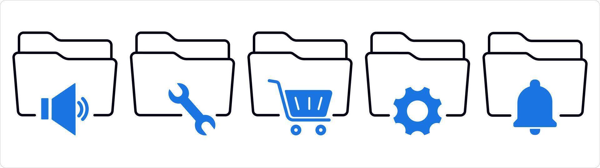 un conjunto de 5 5 documento íconos como audio carpeta, carpeta configuración, compras carpeta en azul línea color vector