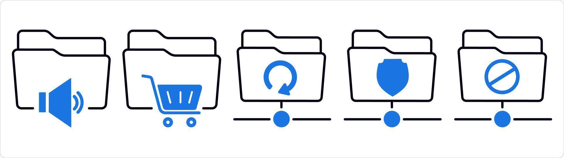 A set of 5 document icons as audio folder, shopping folder, update folder in blue line color vector