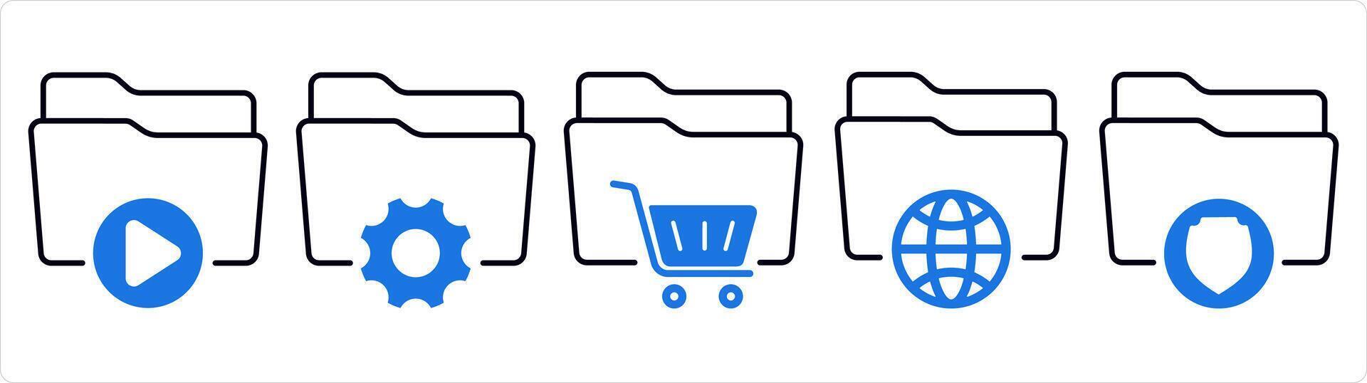 un conjunto de 5 5 documento íconos como carpeta, carpeta configuración, compras carpeta en azul línea color vector