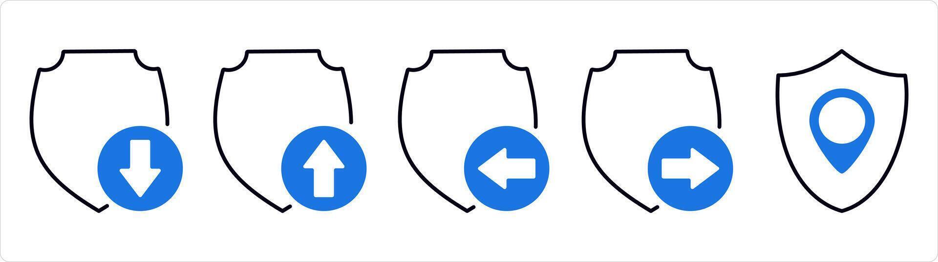 A set of 5 internet icons as download shield, upload shield, received shield in blue line color vector