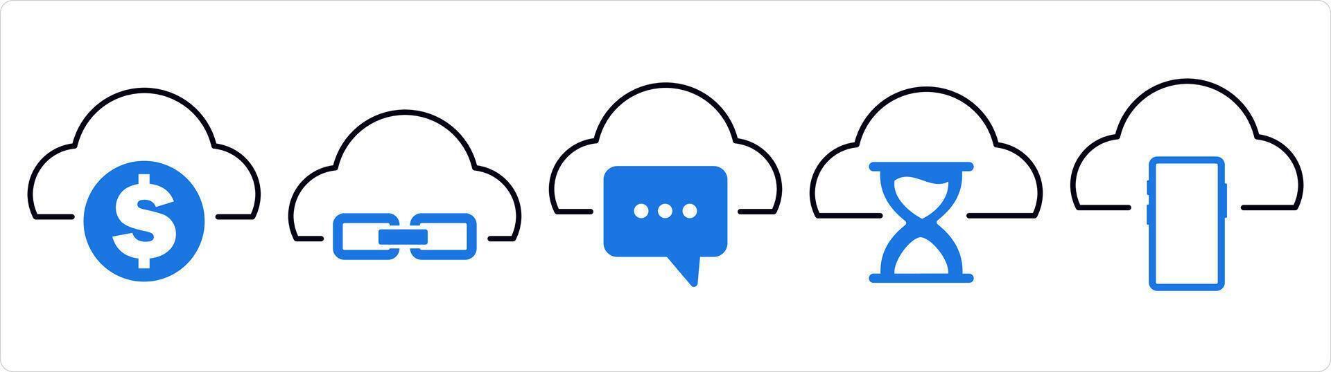 A set of 5 internet icons as finance cloud, link cloud, cloud message in blue line color vector