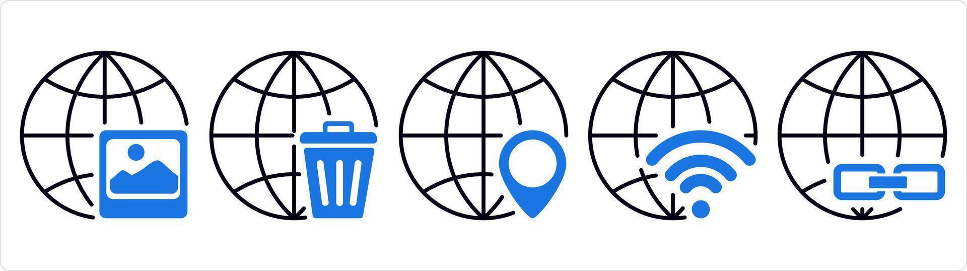 A set of 5 internet icons as global image, trash globe, global location in blue line color vector