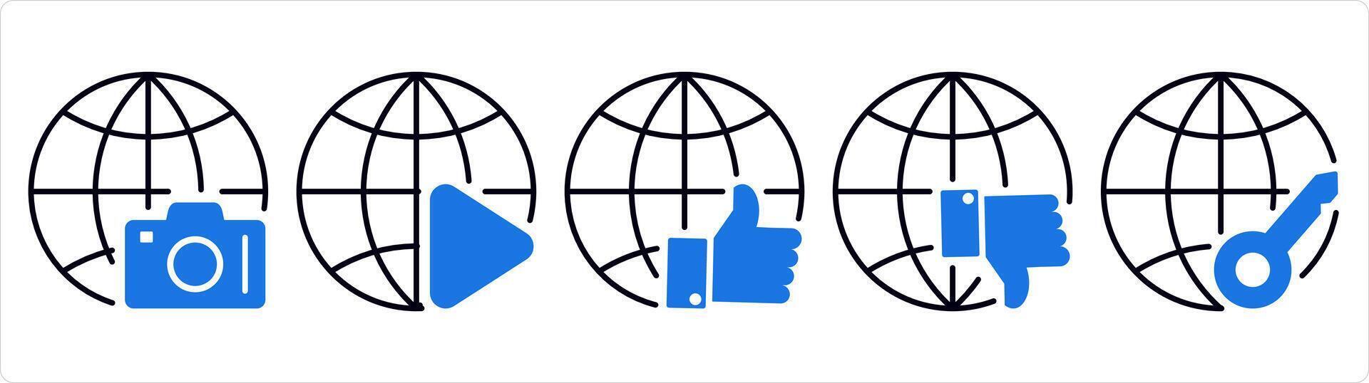 A set of 5 internet icons as global image, global , like global in blue line color vector