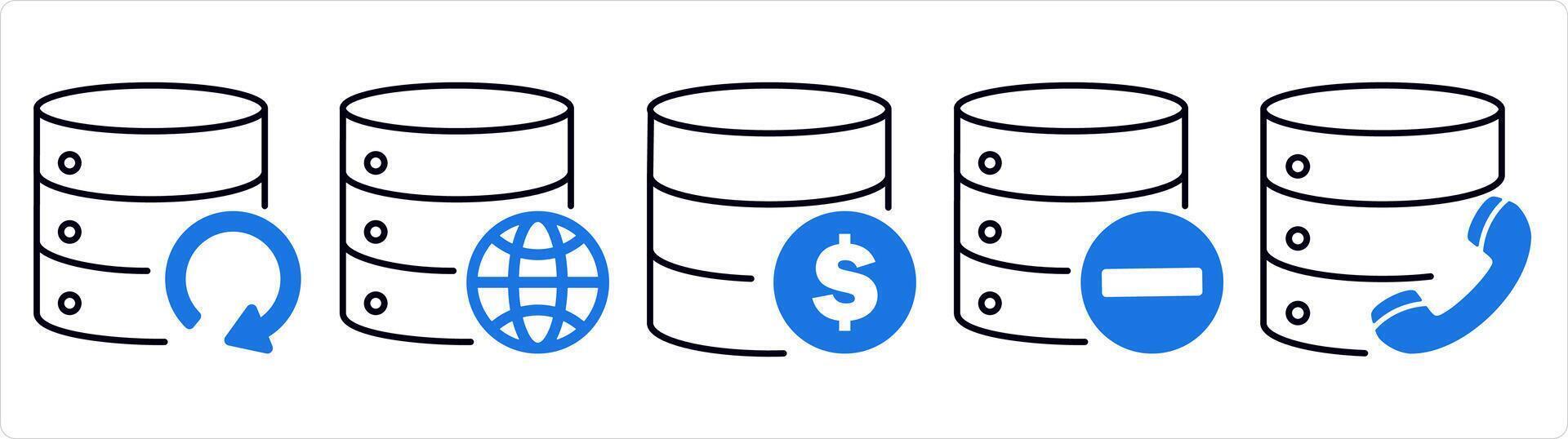 A set of 5 internet icons as server location, global server, finance server in blue line color vector