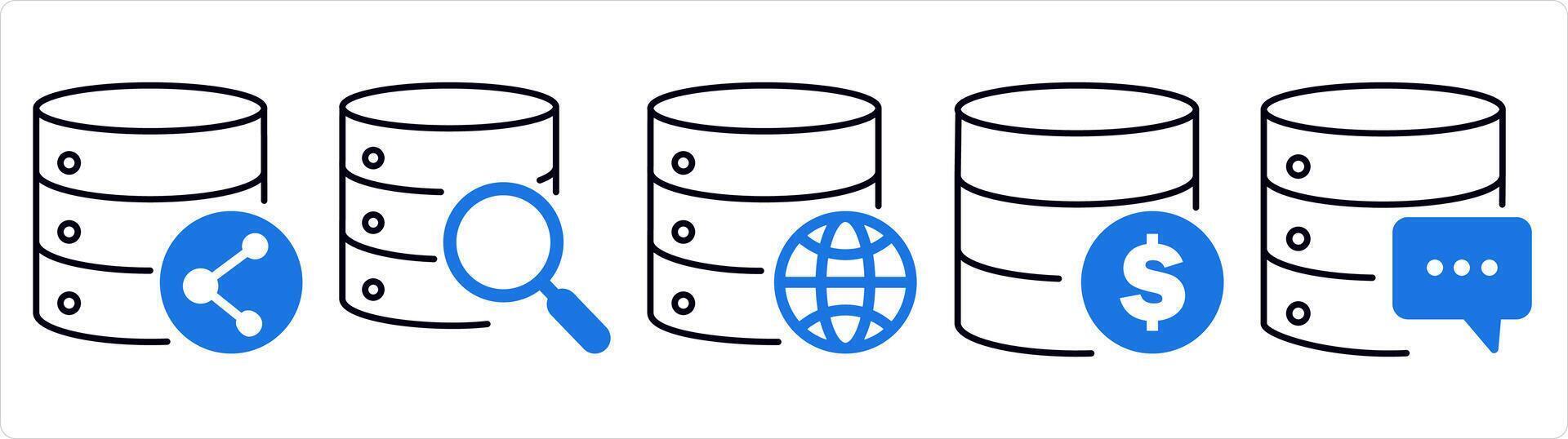 un conjunto de 5 5 Internet íconos como compartir servidor, global buscar, Finanzas servidor en azul línea color vector