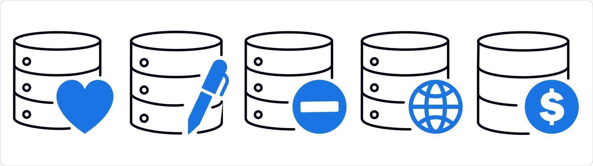 un conjunto de 5 5 Internet íconos como favorito servidor, editar servidor, eliminar servidor en azul línea color vector