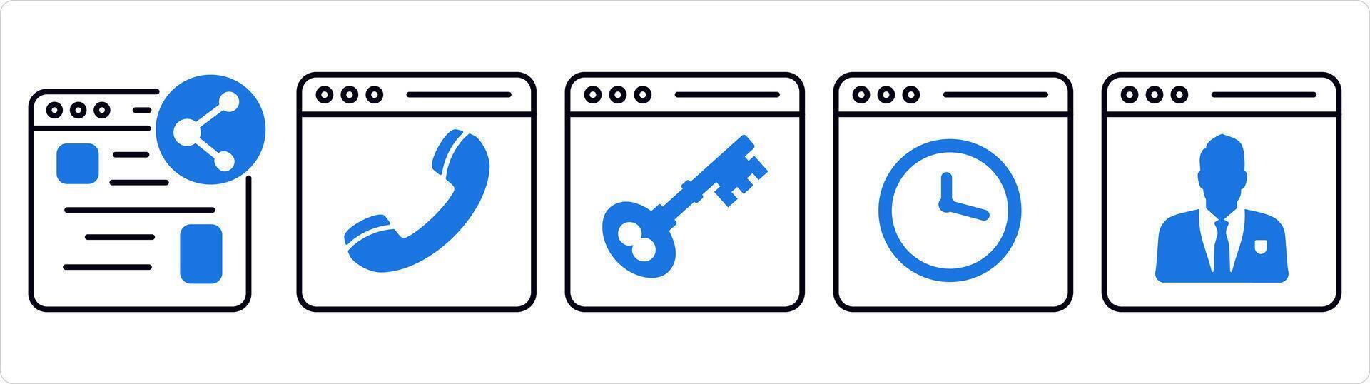 un conjunto de 5 5 Internet íconos como compartir Página web, en línea llamar, página web proteccion en azul línea color vector