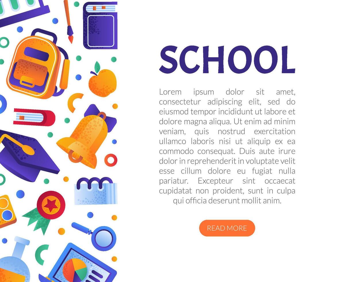 School Objects and Supplies Design with Backpack, Flask and Bell Template vector