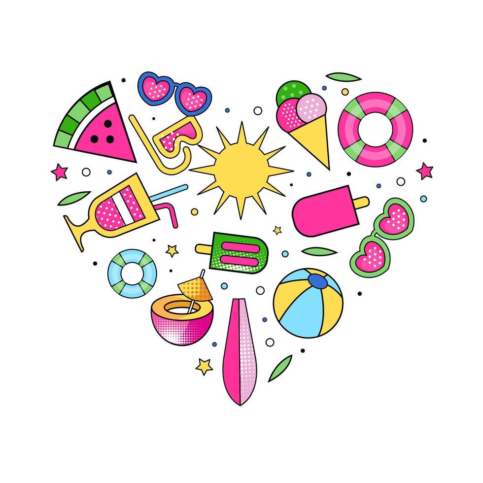Summer Colorful Design with Bright Beach Objects Heart Shaped Composition vector