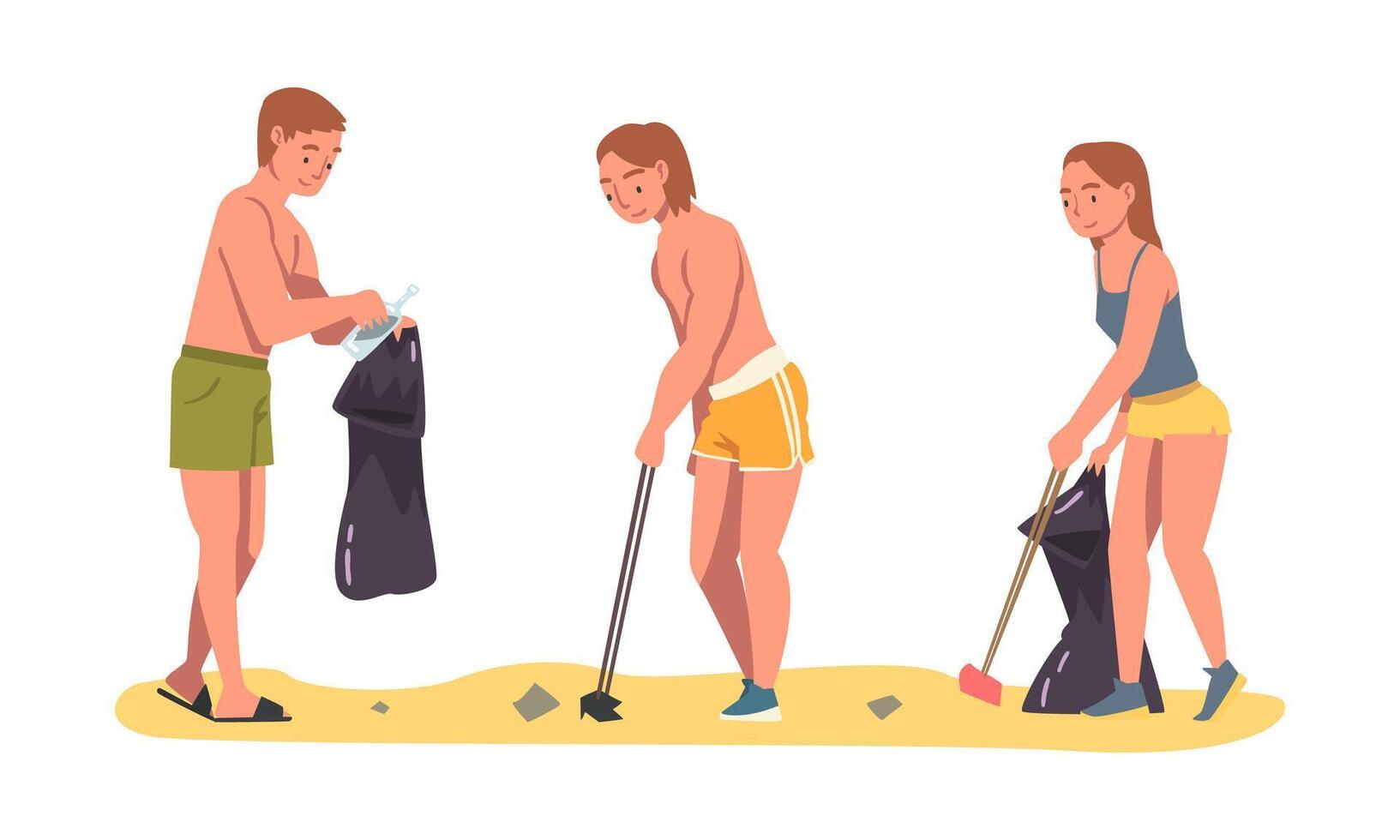 People Character Collecting Trash and Gathering Garbage from Beach Set vector