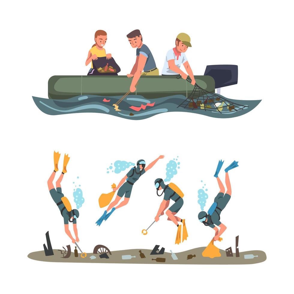 People Collecting Trash and Gathering Garbage from Sea and Ocean Bottom in Diving Suit Set vector
