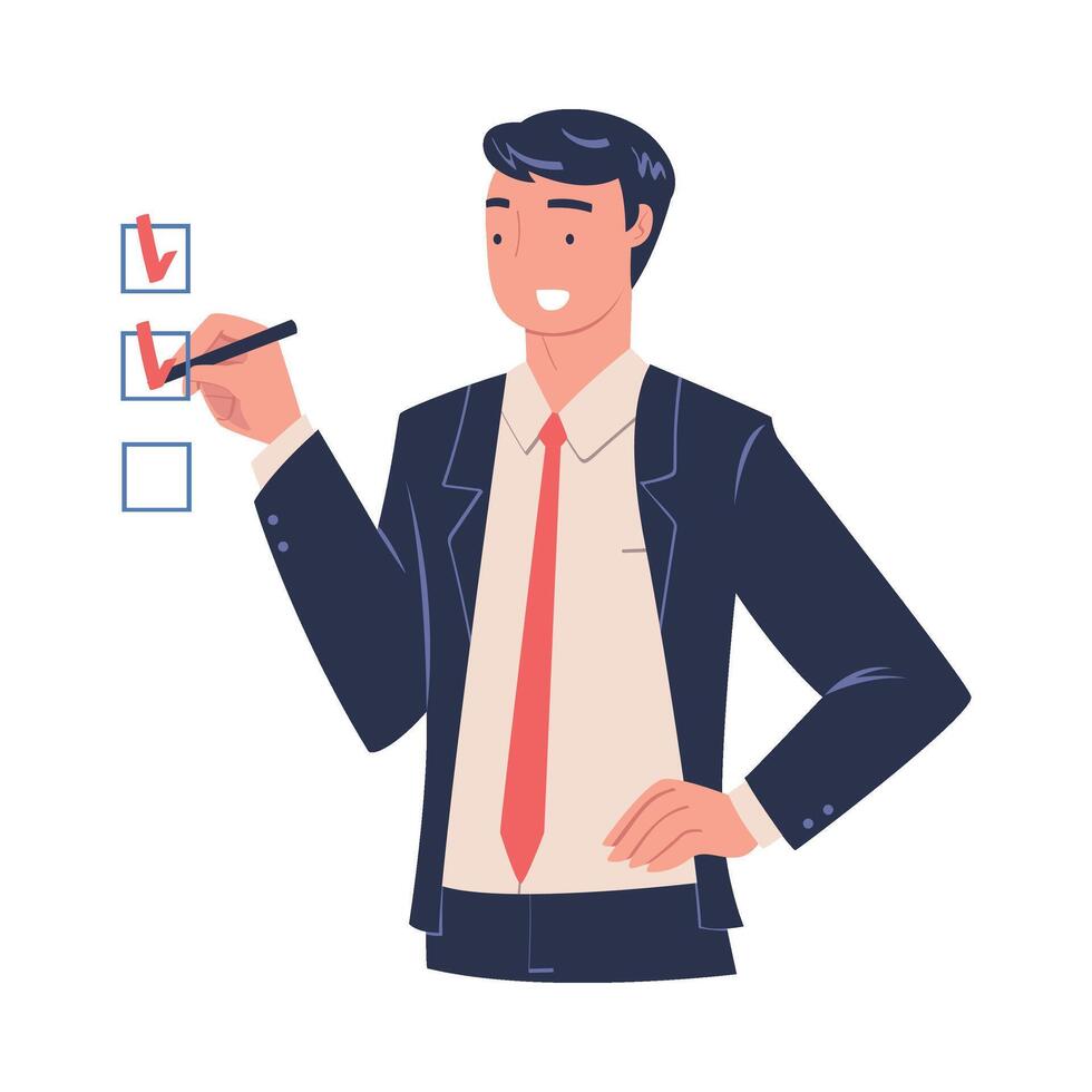 Smiling Man Office Employee in Tie Marking Checkbox Illustration vector
