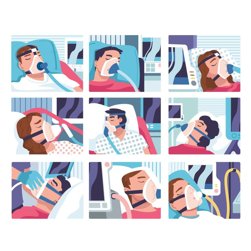 Patients in Hospital Having Artificial Lung Ventilation Being in Critical Condition Lying on Bed with Mask Set vector