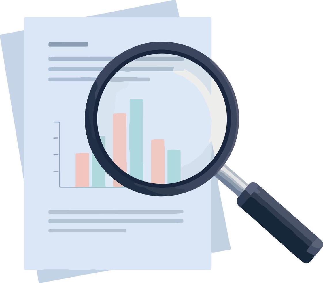 Magnifying Glass Examining Financial Charts on Paper for Data Analysis vector
