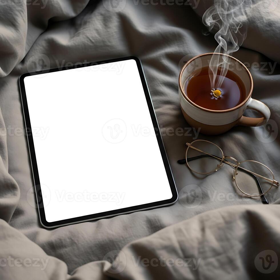 High Angle View Of Tablet With Empty Screen On Grey Sheets photo