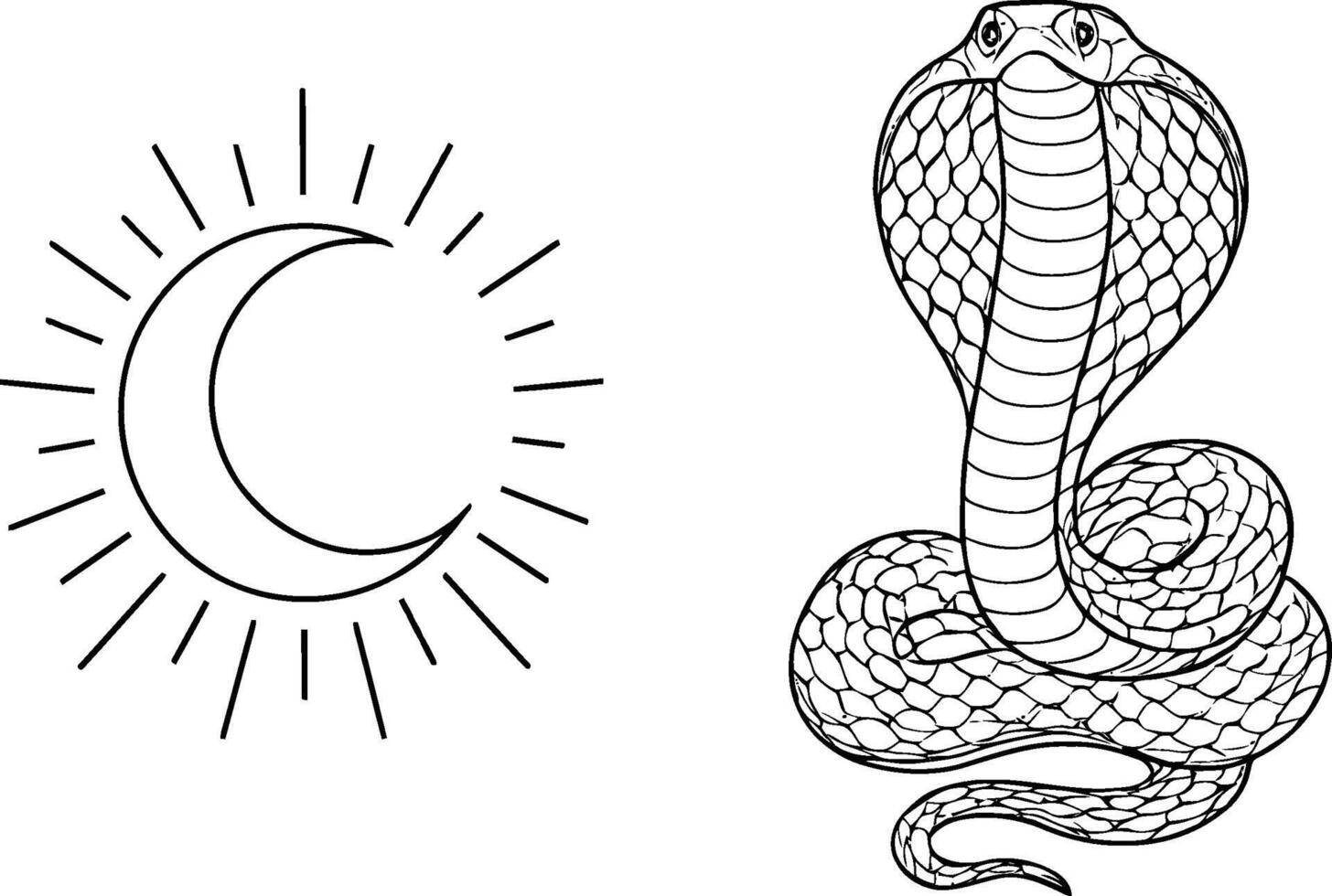 A black and white illustration featuring a crescent moon with radiating lines and a coiled cobra, symbolizing duality and transformation vector