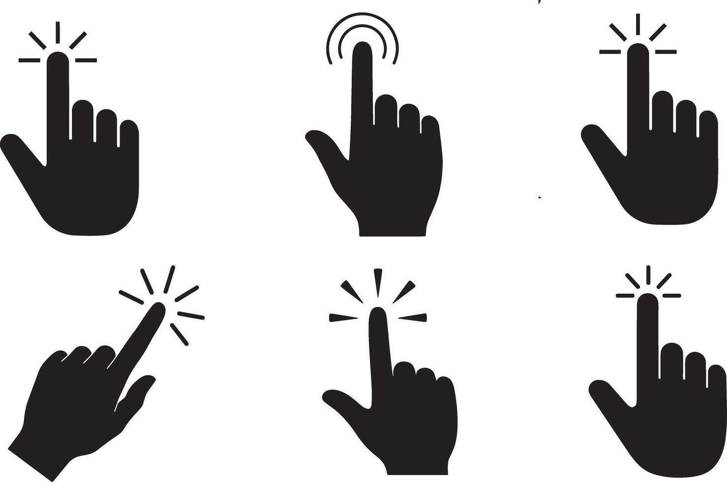 Collection of black silhouette hand cursor icons indicating click action with subtle sparkle effects vector