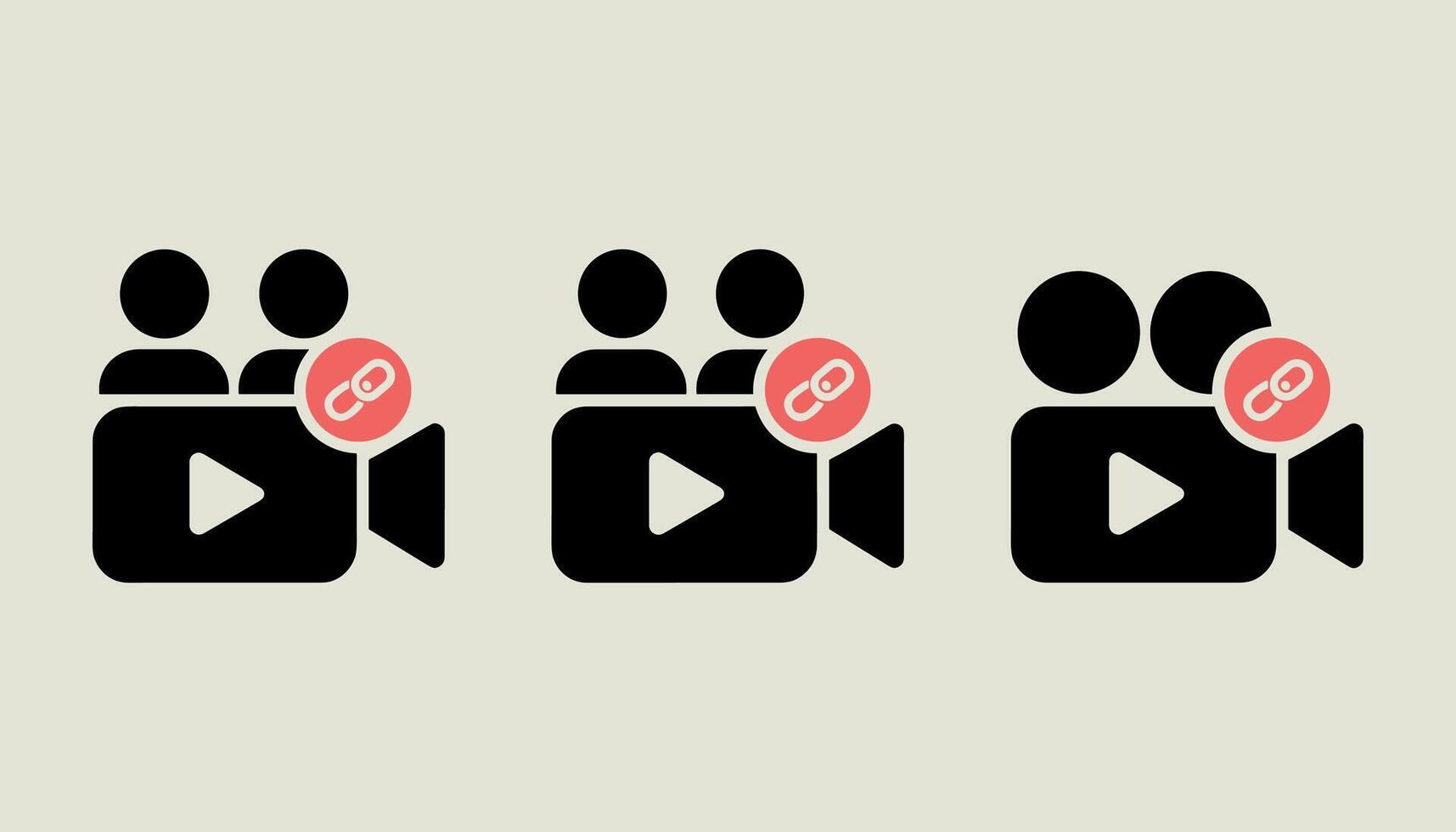 Three black camera icons with play buttons and linked user icons in coral circles on a light beige background vector