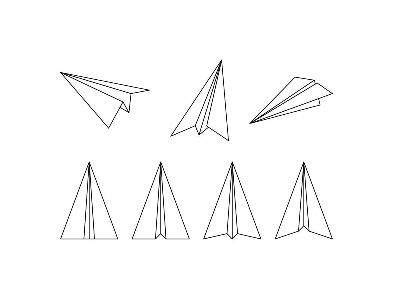 Minimalist black outline paper airplane icon set illustrating various folding styles, ideal for email, delivery, startup, freedom, and message communication design concepts vector