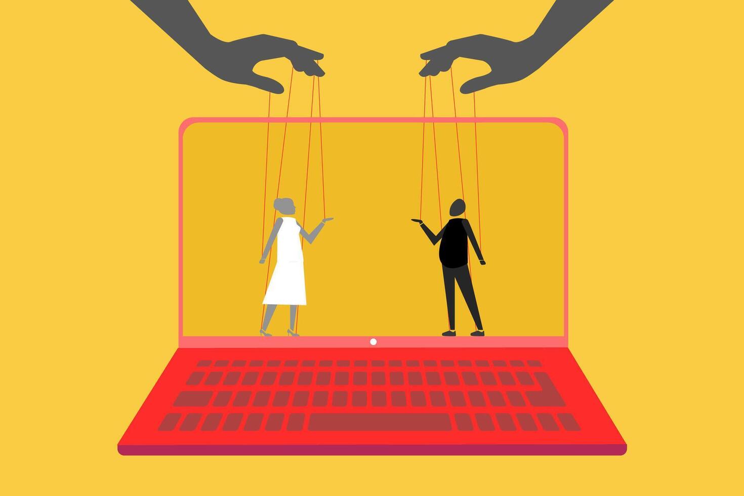 Controlling business people with strings from a giant hand manipulating moves vector