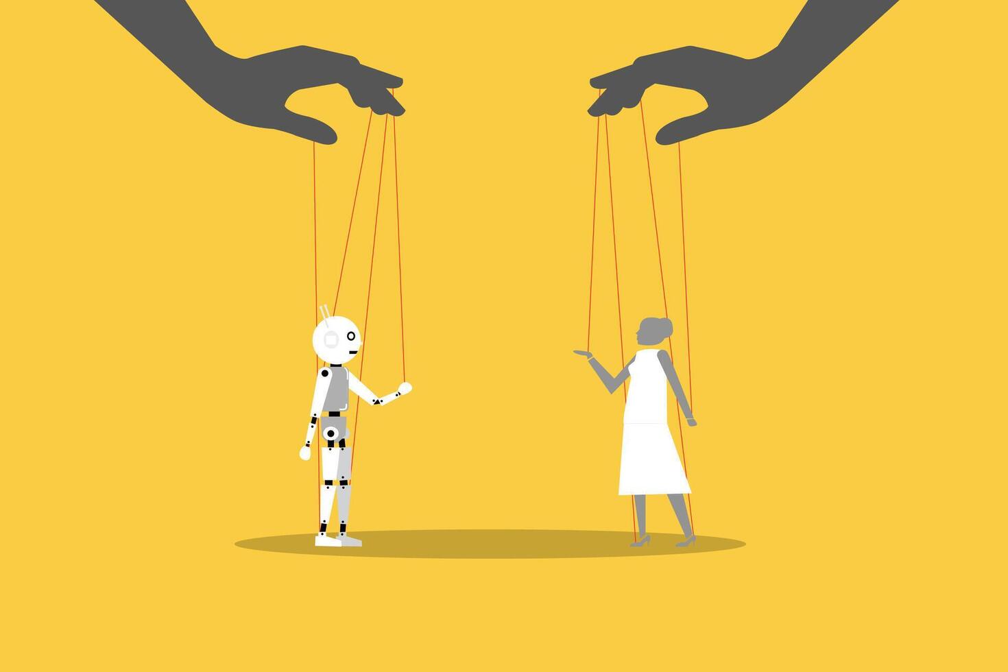 Controlling business woman and Artificial Intelligence with strings from a giant hand manipulating their moves vector