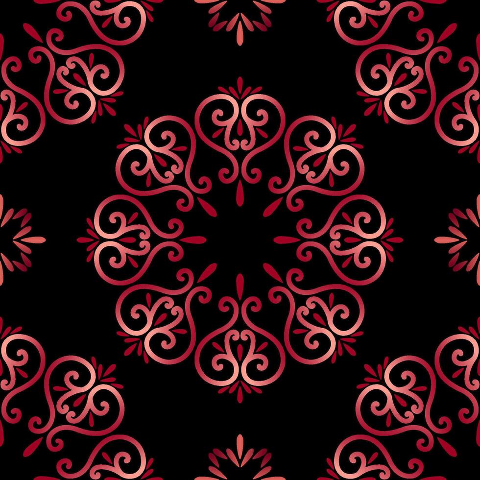 Magic seamless pattern of round elements. Lacy gradient red circles on black background. Complex lacy mandala of intertwined swirls. Geometry round ornament with hearts. vector