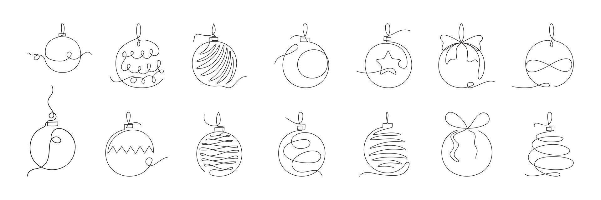 Minimalist Christmas ornaments and trees drawn with a single continuous line. Elegant, simple holiday icons in a clean, modern style. vector